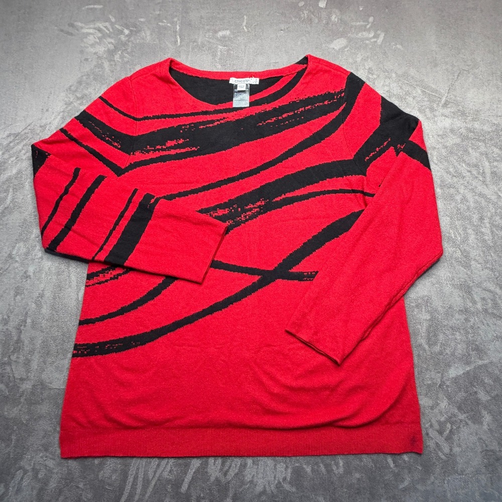 Chico's Sweater Womens Sz 3/XL Red Black Abstract Swirl Artsy Soft Modern Art